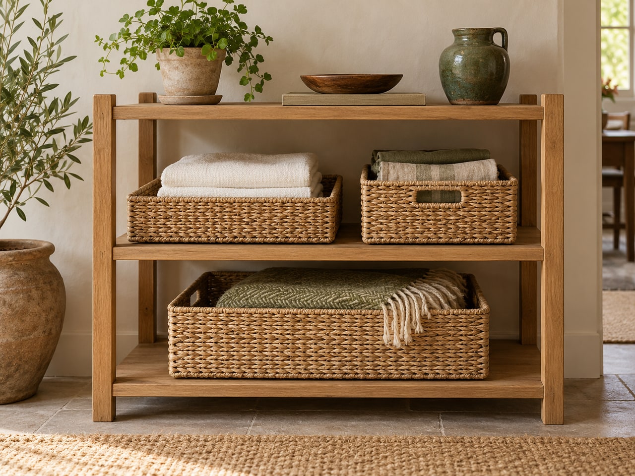 AI-generated oak shelving with three woven baskets holding folded towels and textiles