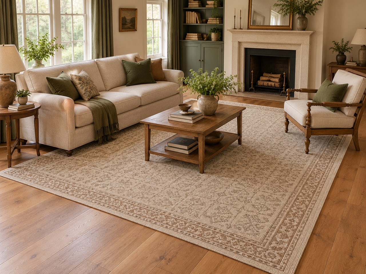 AI-generated living-room seating group arranged on a large rectangular rug with a visible wood-floor border