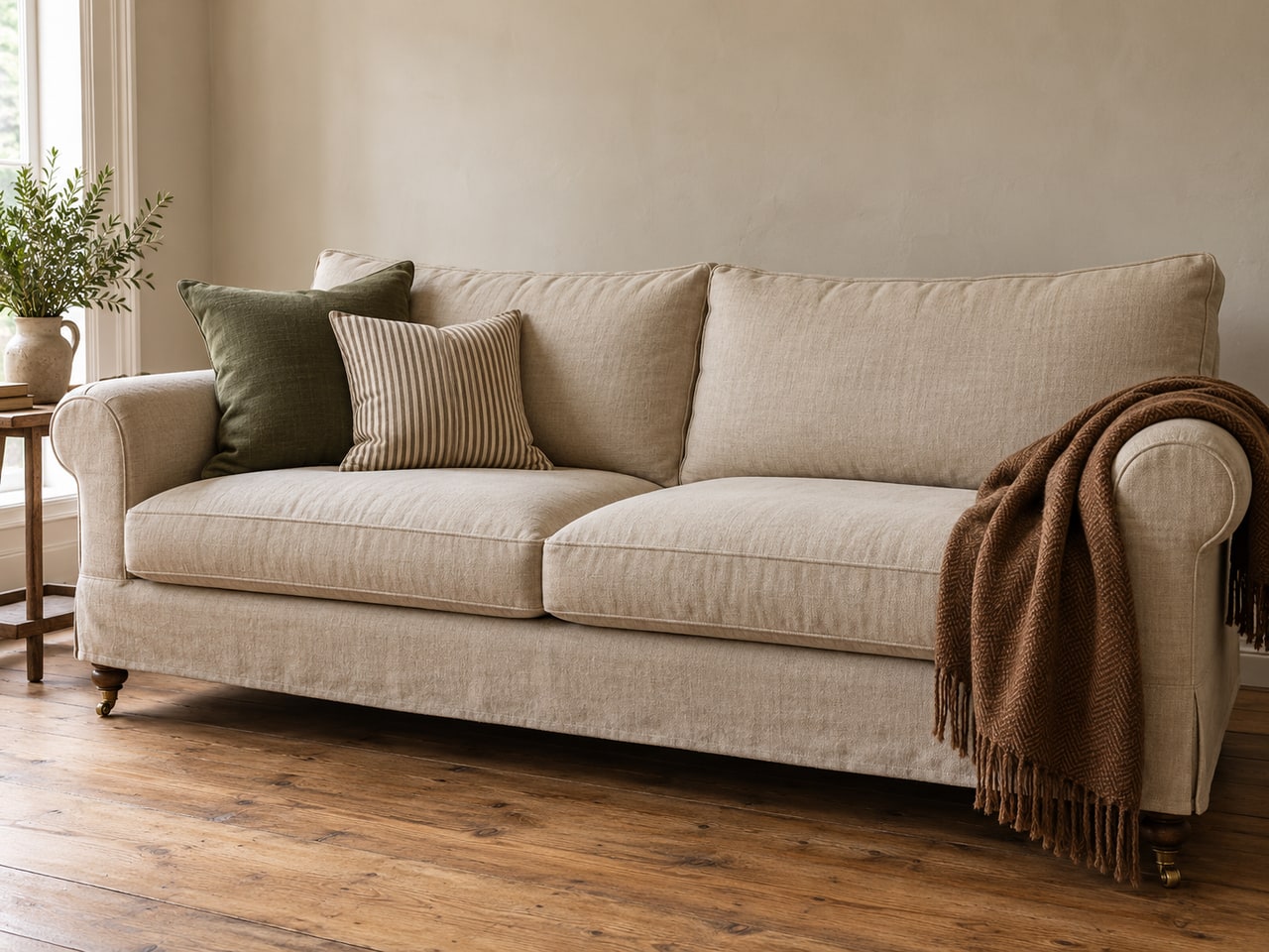 AI-generated oatmeal sofa with two green and striped cushions and a brown woven throw